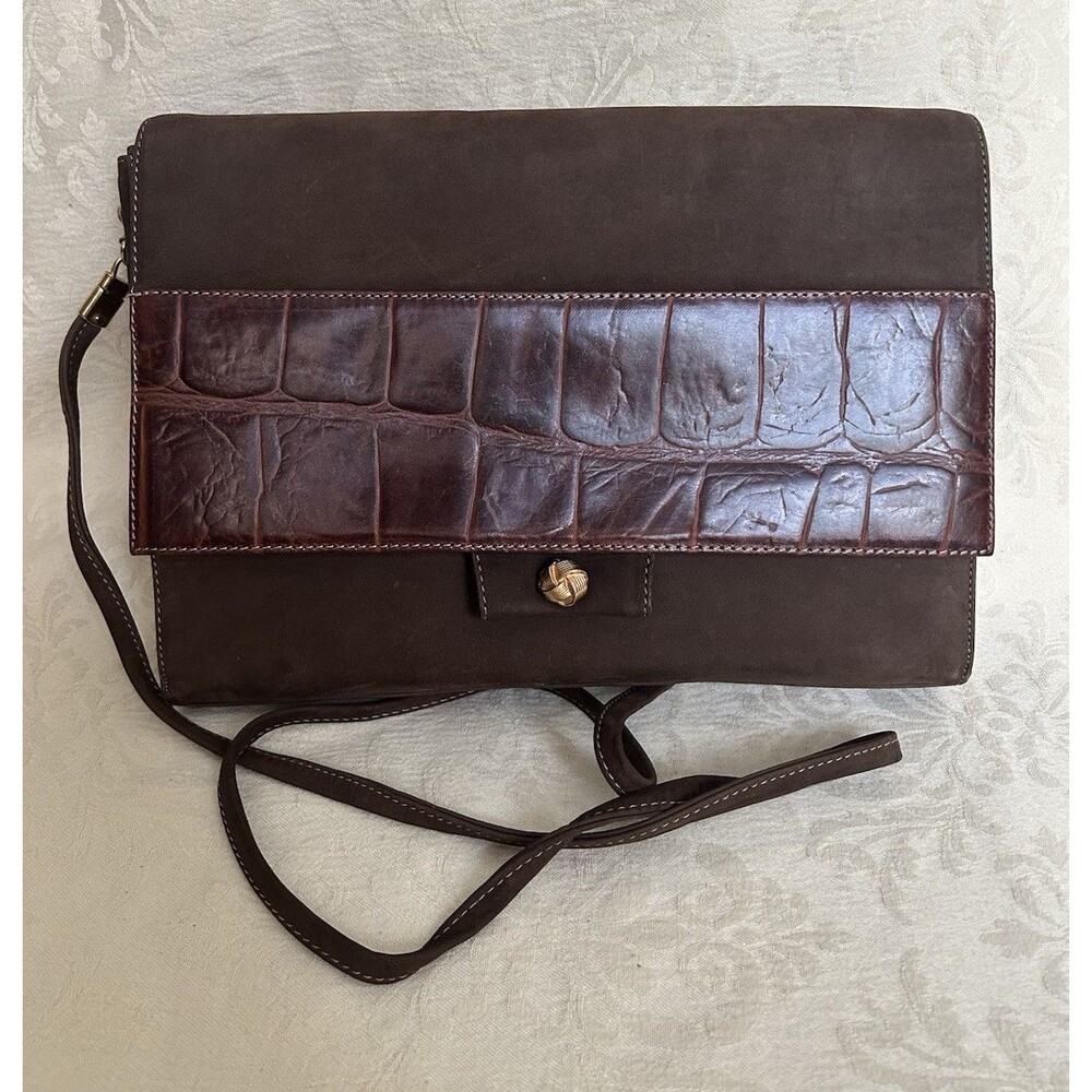 Vintage Albano Italy Leather Shoulder Bag Clutch Brown Croc Embossed Paisley
